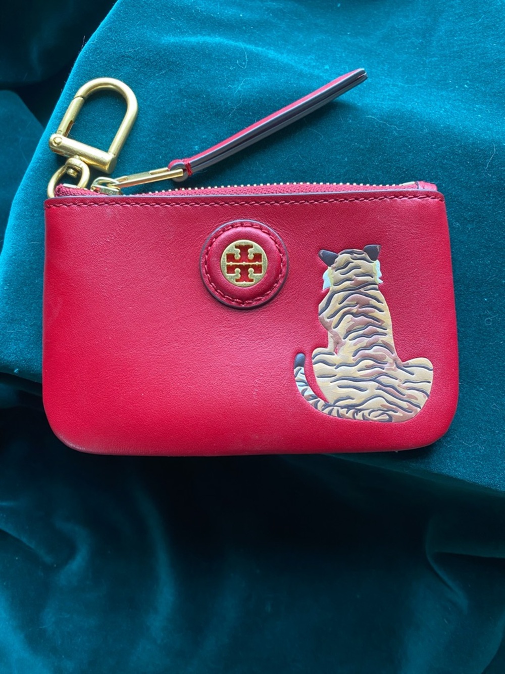 Tory Burch Red Leather Zip Card Case with Tiger Patch and Gold Hardware